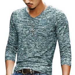 SHUJIN 2021 Men Casual T Shirts Long Sleeve Print Tops V Neck Slim Tees Shirt Summer Mens Clothing Tshirt Oversized Undershirts Y0809