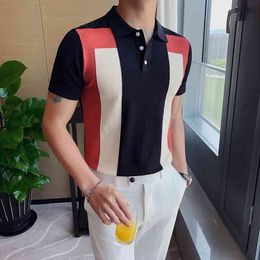 Playera Polo Hombre Summer Men's Short-sleeved Casual Knitted Polo Shirt Hit Colour British Slim Lapel Ice Silk Breathable Polo 210401