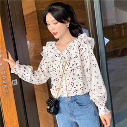 Arrival Spring Autumn Korea Fashion Women Long Sleeve Loose Chiffon Blouse Double-layer Collar Print Shirts Female Blusas S138 210512
