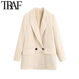 TRAF Women Fashion Double-Breasted Loose Fitting Blazer Coat Vintage Long Sleeve Pockets Female Outerwear Chic Veste 210415