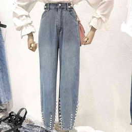 Chic Beading Bleached Baggy Jeans Woman Washed High Waisted Loose Pants Femme Elastic Waist All-match Pantalones Mujer Spring 210514