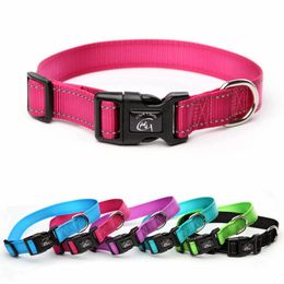 6 Classic Solid Colors Reflective Dog Collars Adjustable Nylon Fashion Pet Collar Designer Belt for Small Large Dogs with Quick Release Buckle Red S B02