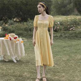 Summer Women Short Sleeve Vintage Dresses Fit and Flare Mid-calf Bandage Yellow Vestidos Verano Long 210603