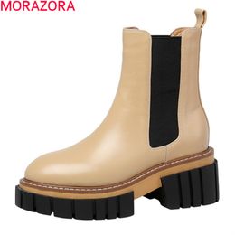 MORAZORA Genuine leather boots square heels round toe fashion ladies shoes autumn winter mixed Colours ankle boots women 210506