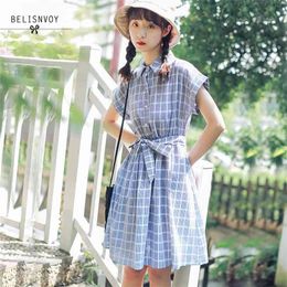 Japanese Mori Girl Sweet Summer Mini Dress Preppy Style Women Short Sleeve Plaid Dresses Belt Female Cute Vestidos 210520