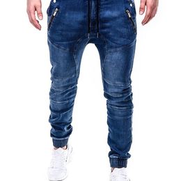 2021 Spring and Autumn High Quality Men's Solid Colour Zipper Trim Slim Hip-hop Denim Men's Jeans X0621