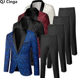 Show/Party 2 Piece Set Men (Jacket+Pants) Wedding Dress Blazer Coat and Trousers Blue White Red Black Mens Suits Plus Size S-6xl X0909