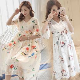 Summer Korean Fashion Print Maternity Nursing Long Party Dress Ties High Waist Slim Breastfeeding Clothes Chiffon Breast Feeding X0902