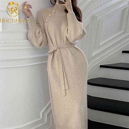 Vintage Turtleneck Chic Button Sweater Dress Autumn Drawstring Slim Waist Vestidos Solid Color Knitted Women Dresses 210506