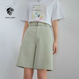 FANSILANEN Green Office Ladies Casual Shorts Women Summer Straight Loose Wide-leg Pants Drape High Waist Five-point 210607