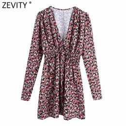 Women Sexy Deep V Neck Floral Print Elastic Waist Shirt Dress Femme Chic Puff Sleeve Breasted Vestido Clothes DS4935 210420