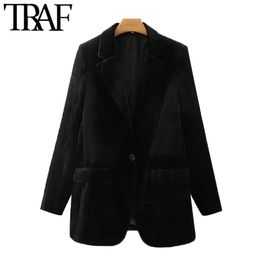 TRAF Women Fashion Office Wear Velvet Blazers Coat Vintage Long Sleeve Pockets Female Outerwear Chic Tops 210415