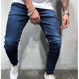 Men's Jeans Slim-fit Solid Colour Casual Little Feet Hip-hop Elastic Waist Washed Blue Denim Trousers