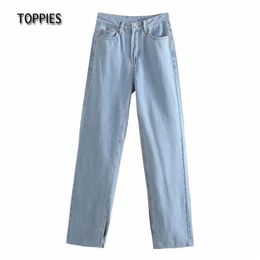 Casual Mom Jeans Woman High Waist Long Vintage Light Blue Denim Pants Streetwear Side Split 210421