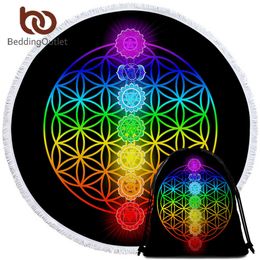 BeddingOutlet Chakra Round Beach Towel Zen Theme Yoga Mat Colorful Summer Blanket Geometric Bath Towel Flower of Life Serviette 210609