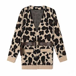 Fashion Women Leopard Sweater Coats Elegant Ladies V-Neck Slim Knitted Streetwear Female Vintage Belt Cardigan 210427