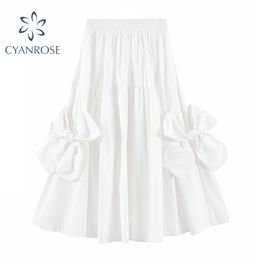 White Loose Skirts Women High Waist Elastic Spliced Bownot Elegant Korean Retro Korean Skirt Female Sweet Ins Mori Girl Clothes 210417