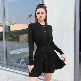Casual Solid Knitted Pleated Black Mini Dresses Women Autumn Winter Long Sleeve Button Female Short Evening Woman y2K Dress 210510