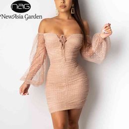 long garden party dresses UK - NewAsia Garden Bodycon Party Dress Women Sheer Mesh Long Sleeve Front Lace Up Pleated Pink Dresses Vintage Polka Dot Casua Dress 210414