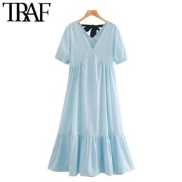 Women Chic Fashion Back Bow Tied Ruffled Midi Dress Vintage V Neck Short Sleeve Female Dresses Vestidos Mujer 210507