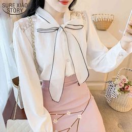 Fashion Women Blouses Long Sleeve Office Lady Style Early Autumn Bow Tie White Shirt Loose Chiffon Blouse 10596 210508