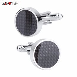 SAVOYSHI Black Carbon Fiber links for Mens Shirt buttons High Quality Round Silver color Cuff link Brand Men Jewelry