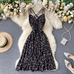 Neploe Women Backless Flower Print Maxi Dress Bohemian Summer Sleeveless Long Beach Dress High Waist Chiffon Dress Robe Femme 210423