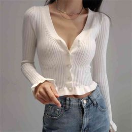 Women Deep V Neck Single Breasted Solid Sweater with Ruffle Trim Crop Cardigan 210512