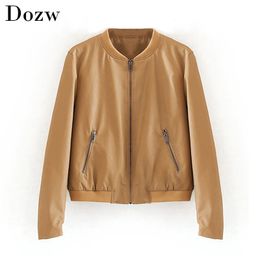 Fashion Pu Leather Bomber Jacket Women Slim Winter Outwear Zipper Coats Vintage Pockets Solid Long Sleeve Female Short Coat 210414