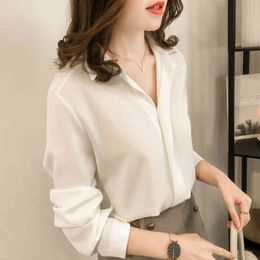 Long Sleeve 4XL Plus Size Chiffon Blouse Shirt Blouse Women Blusas Mujer De Moda Turn Down Collar Office White Blouse A123 210426