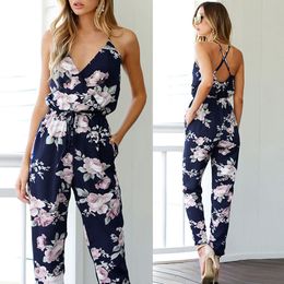 Rompers Womens Jumpsuit Summer Ladies Blue Sexy Deep V Neck lace Up Sleeveless Floral Back Cross Casual Jumpsuit Femme 210419