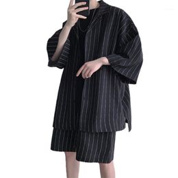 Men's Tracksuits Summer Men Outfit Casual Shirts And Shorts Lightweight Fabric Letter Striped Half Sleeve Elastic Knee-Length Oversize Sets
