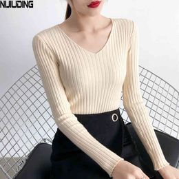 Autumn All-match Slim Slimming V-neck Sweater Female Long Sleeve Bottoming Mid-length Women 210514