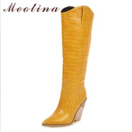 Winter Knee High Boots Women Slip on Strange Style Heel Western Fashion Pointed Toe Shoes Ladies Autumn 34-46 210517