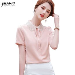 Pink Short Sleeve Shirt Women Summer Design Thin Section Chiffon Satin Blouses Office Ladies Formal Work Tops White 210604