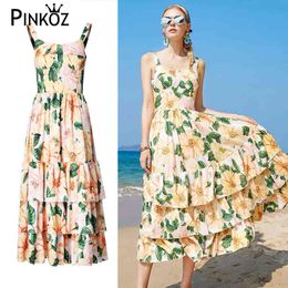 Summer Fashion Runway Tiered Layer Ruffles Beach Boho Dress Women Spaghetti Strap Floral Print Midi Holiday Elegant Robe 210421