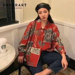 Vintage Blouse Womens Tops And s Red Long Sleeve Print Shirt Femme Spring Fashion Clothing 210427