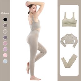 Seamless Leggings Women Gym Clothing Female High Waist Yoga Pants Tracksuit Fitness 2 Piece Set Long Sleeve Top 210802