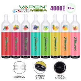 Original VAPEN MEGA 4000Puffs Disposable e Cigarette Vape Pen Kit US Apollo 10ml Pre-filled Vapor Mesh Coil Chargeable Airflow Adjustable eCigs Portable Vaporizer