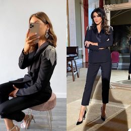 Black Beading Women Blazer Suits Slim Fit Sexy V Neck Formal Office Lady Pants Suit Prom Party Wedding (Jacket+Pants)