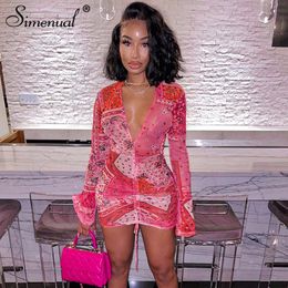 Casual Dresses Simenual Deep V Neck Paisley Print Party Drawstring Mesh Long Sleeve Transparent Club Outfit Women Bandana Mini Dress