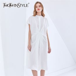 Elegant Ruched Casual Dress For Women Stand Collar Short Sleeve Loose Solid Dresses Female Fashion Clothing Spring 210520