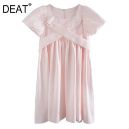 DEAT Women Pink Patchwork Zipper Folds Cross Belt Dress New Square Neck Short Sleeve Slim Fit Fashion Tide Summer 7E0843 210428