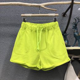 Women's Shorts Fluorescent Green Casual Sports Pants Women 2021 Summer Fashion Elastic Waist Loose Wide Leg Crimping Short