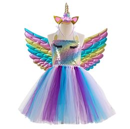 Colorful sequins girls' Dance Dress rainbow mesh princess skirt with wings and hairband baby girl party Tulle Sundress