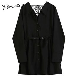 Yitimuceng Sashes Casual Dress Women A-Line Solid Black Spring Single Breasted Long Sleeve Loose Waist Clothes Office Lady 210601