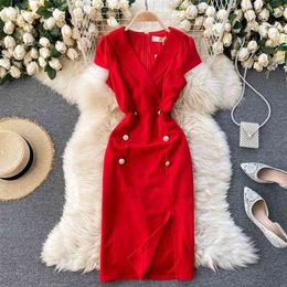 Women's Slim Retro Double-breasted High Waist Split Dress Lady Fashion Short Sleeve Elegant Vestidos De Mujer R065 210527