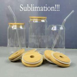 U Stock Sublimation Glass 15oz Beer Mugs with Bamboo Lid Straw DIY Blanks Frosted Clear Can Shaped Tumblers Cups Heat Transfer Iced Coffee Whiskey Glasses CG001