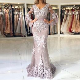 2021 Women Tulle Long Flare Sleeves V Neck Backless Mermaid Evening Dresses Button Back Appliques Prom Gowns
