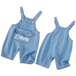 Summer Girl Jumpsuit Korean Cute Sweet Fashion Washed Jeans Denim Pocket I Love Mama Romper Jumpsuits Straps Short Cowboy Blue 210417